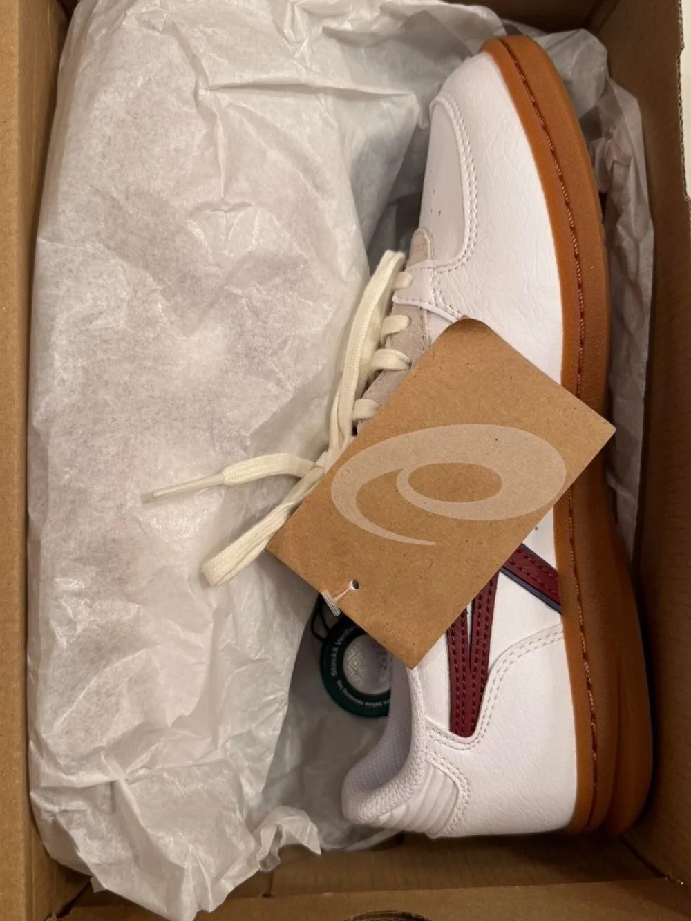 ASICS White Sneakers with Maroon Stripes and Gum Sole